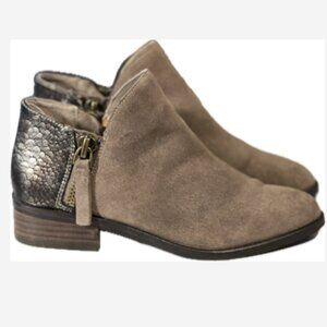 Very Volatile Suede Booties Greyson Women's 6 Brown Faux Snakeskin 1" Heel 2 Zip